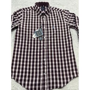 Tailorbyrd‎ Button Down Shirt Lux Performance Boys L 14/16 Wine Burgundy Plaid